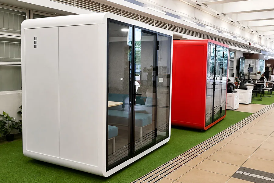onmuse office phone booths installed in a commercial interior